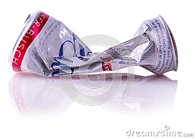 Crumpled can of beer of Budweiser on white Editorial Stock Photo