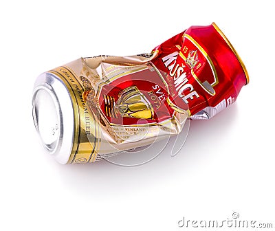 Crumpled can of beer Krusovice Editorial Stock Photo