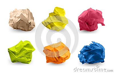 Crumpled color paper. Realistic wasted crinkled page paper trash collection. Vector set Vector Illustration