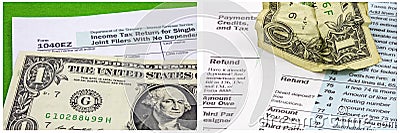 Crumpled dollar bill tax forms stress collage Editorial Stock Photo