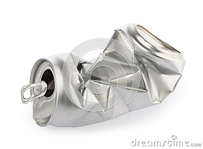 Crumpled empty blank soda or beer can garbage. Crushed junk can recycle isolated clipping path Stock Photo
