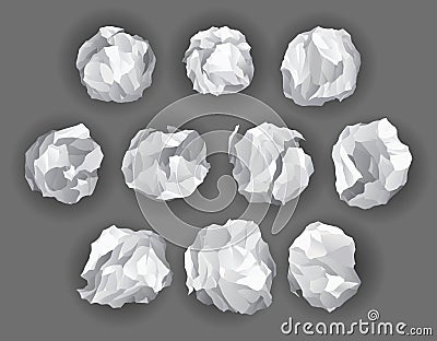 Crumpled paper balls icon set. Mistake in document or realistic wrinkled page. Realistic garbage, bad idea symbols Vector Illustration