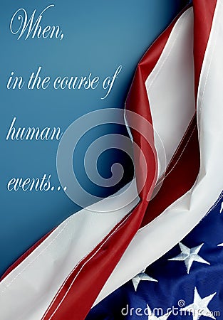 A crumpled United States flag on a medium blue background forming a border for Fourth of July message. Stock Photo