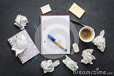 Crumpled wads, sheet of white paper, coffee and idea, brainstorming concept Stock Photo