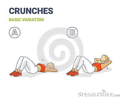 Crunch Female Workout Exercise Guide Colorful Concept Illustration. Vector Illustration