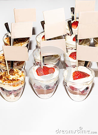 Crunchy chocolate pavlova mini cupcakes glasses appetizers finger food desserts Stock Photo