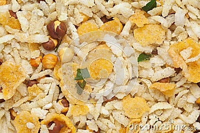Crunchy Diet Mixture full-frame wallpaper, made with Puffed Rice, Corn Flakes, and Curry leaves. Stock Photo