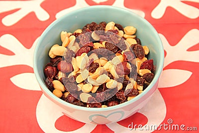 A crunchy mixture of nuts, walnuts, peanuts, raisins, almonds Stock Photo