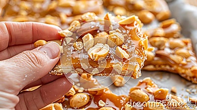 Crunchy peanut brittle close up, shattered pieces, peanuts, texture, and satisfaction showcased Stock Photo