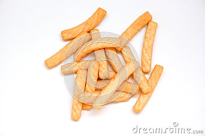 Crunchy prawn crackers or shrimp crisp traditional snack - prawn crackers stick isolated on white background Stock Photo