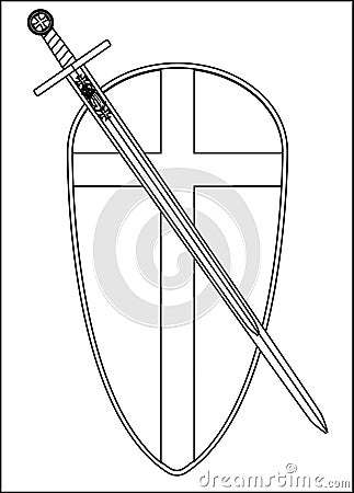 Crusaders Shield and Sword Outline Vector Illustration