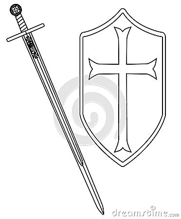 Crusaders Sword and Shield Outline Drawing On White Vector Illustration