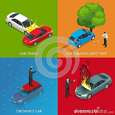 Crush car, drowned car, burning car, car crushed into tree. Traffic Accident. Vector Illustration