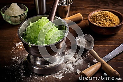 crushed ice and muddler on table for caipirinha preparation Stock Photo