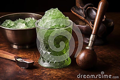 crushed ice and muddler on table for caipirinha preparation Stock Photo