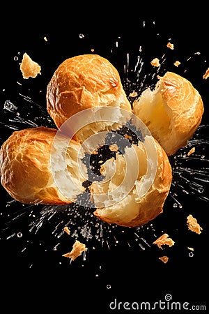 Crushed profiteroles against the black background. Levitating food. French choux pastry dessert Stock Photo