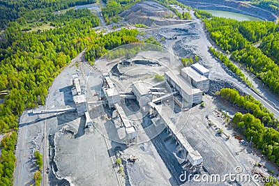 Crushing and screening plant for processing and sorting crushed stone, sand and gravel. View from above Editorial Stock Photo