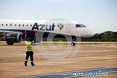 Embraer Azul company aircraft at Jericoacoara airport Editorial Stock Photo