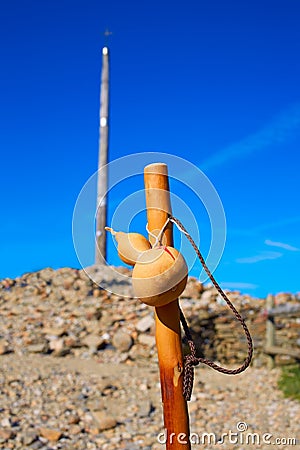 Cruz de Ferro at Saint James Way pilgrim staff Stock Photo