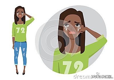 Crying black african american girl wipe tears from her face Vector Illustration