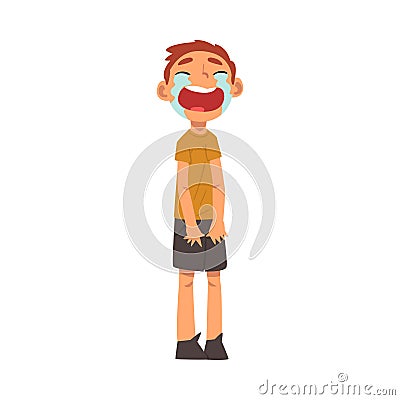 Crying Boy Standing with Bowed Head, Cute Sad Child in Shorts and Tshirt Vector Illustration Vector Illustration