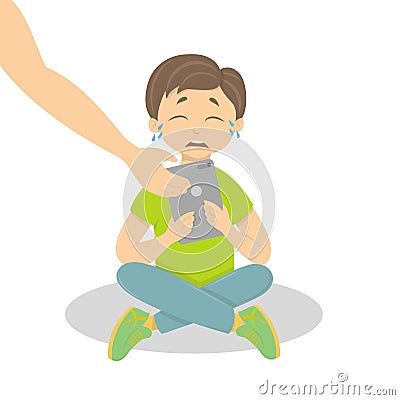 Crying boy with tablet. Vector Illustration