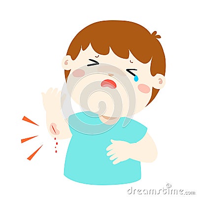 Crying boy with wounds from accident . Vector Illustration