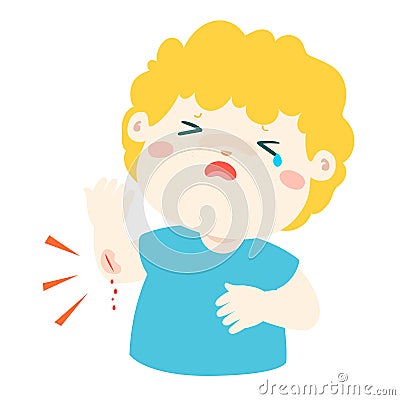 Crying boy with wounds from accident . Vector Illustration