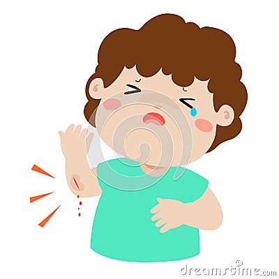 Crying boy with wounds from accident . Vector Illustration