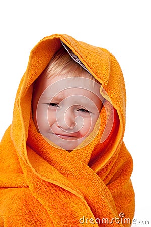 Crying child after bath Stock Photo