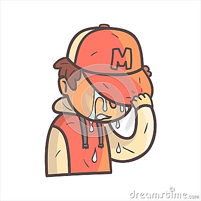 Crying Covering Face Boy In Cap And College Jacket Hand Drawn Emoji Cool Outlined Portrait Vector Illustration