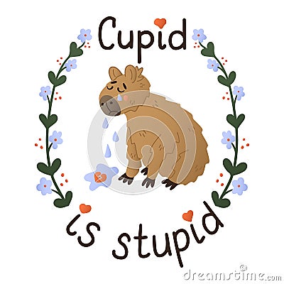 Crying cute hand drawn capybara with lettering Vector Illustration