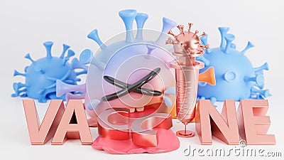 Crying cute orange and blue colona virus character and text vaccine on white background.,vaccine covid-19.,3d model and Cartoon Illustration