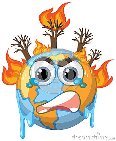 Crying earth cartoon character from greenhouse effect and global warming Vector Illustration