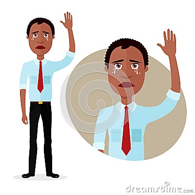 Crying emotion african business man waving hand goodbye Vector Illustration