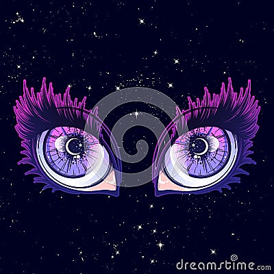 Crying eye in anime or manga style with teardrops and reflections. Highly detailed vector illustration. Vector Illustration