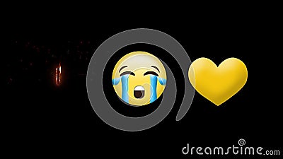 Crying Face Emoji, Yellow Broken Heart and Number One on Fire Icon on Black  Background Stock Video - Video of graphic, concept: 226556621