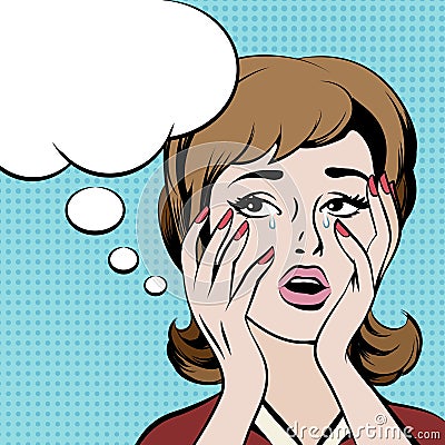 Crying frustrated woman with empty speech bubble Vector Illustration