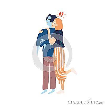 Crying girl hug cold avoidant male vector flat illustration. Woman with broken heart and coldness ignoring partner Vector Illustration