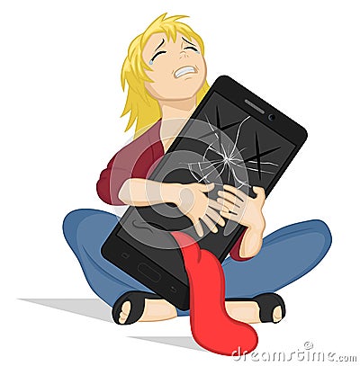 Crying girl hugging a broken smartphone. Depressed young woman with mobile phone. Cartoon phone with eyes and a mouth. Sad broken Vector Illustration