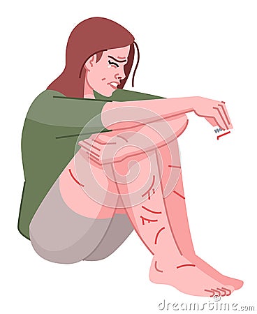 Crying girl hurting herself semi flat RGB color vector illustration Vector Illustration
