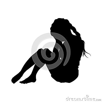 Crying girl silhouette. Isolated scene with sad child. Young woman covers face with hands Vector Illustration