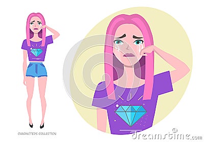 Crying Girl teenager in fashionable clothes ultra violet colors wipe tears from her face Vector Illustration