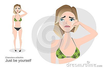 Crying girl wipe tears from her face Vector Illustration