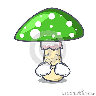 Crying green amanita mushroom mascot cartoon Vector Illustration