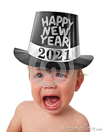 Crying Happy New Year baby wearing a top hat. Stock Photo