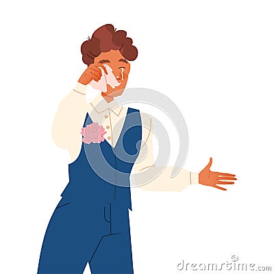 Crying Man Groom Weeping and Sobbing from Happiness Wiping Eyes Vector Illustration Stock Photo