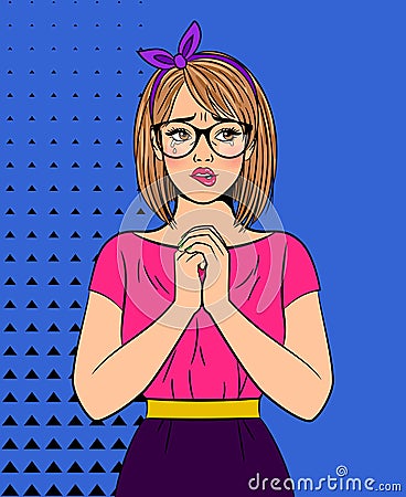 Crying pop art woman with glasses Vector Illustration