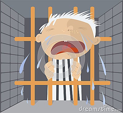 Crying prisoner stays behind the bars illustration Vector Illustration