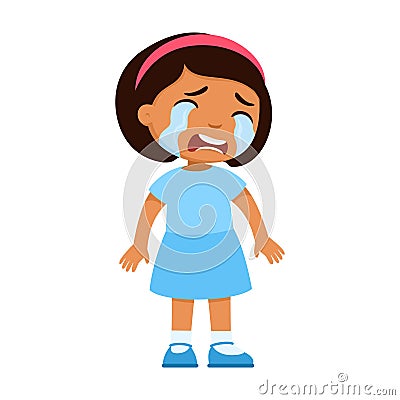 Crying sad little Latin-American girl. Upset child with tears on face standing alone cartoon character. Vector Illustration